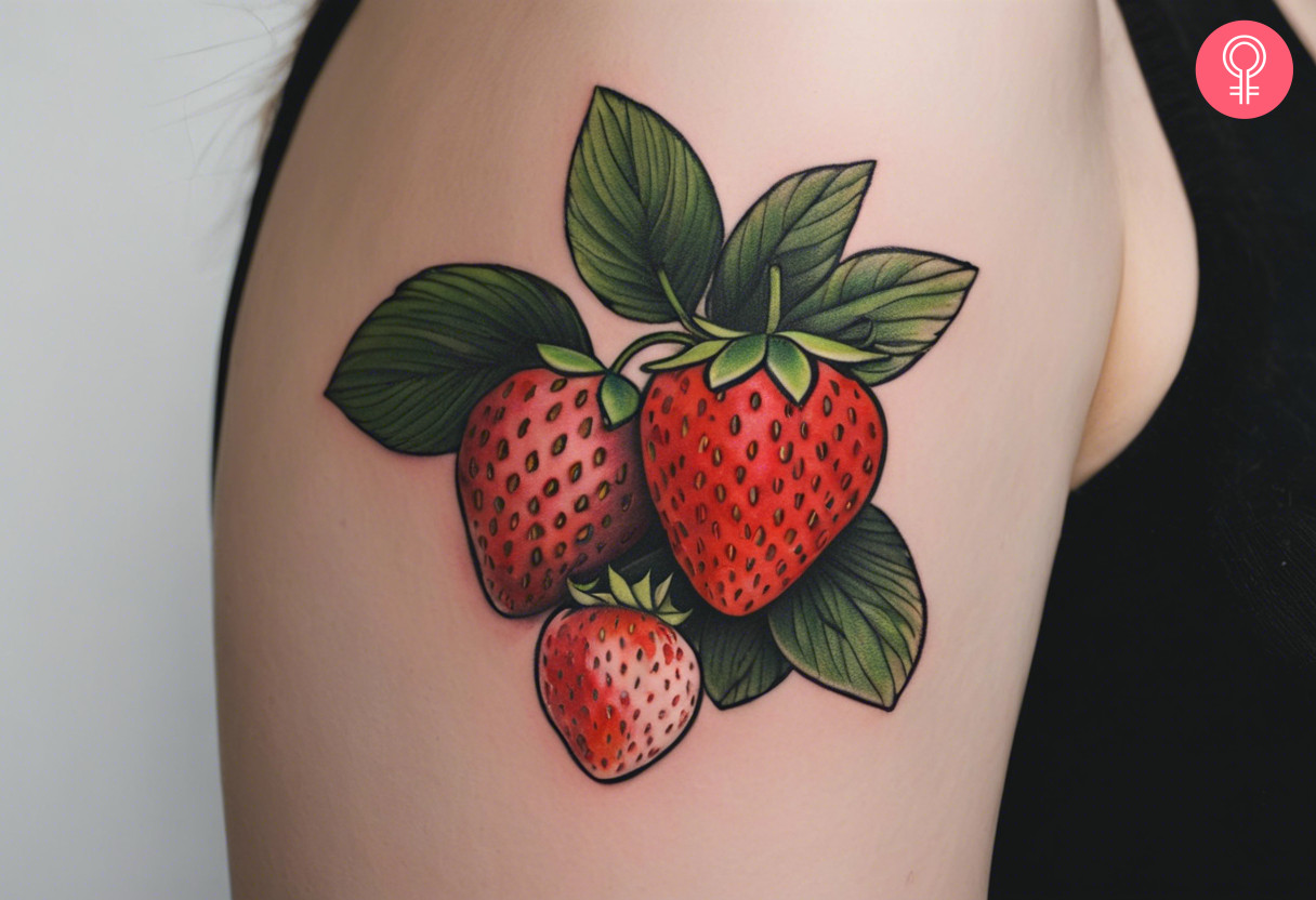 Strawberry plant tattoo on the upper arm