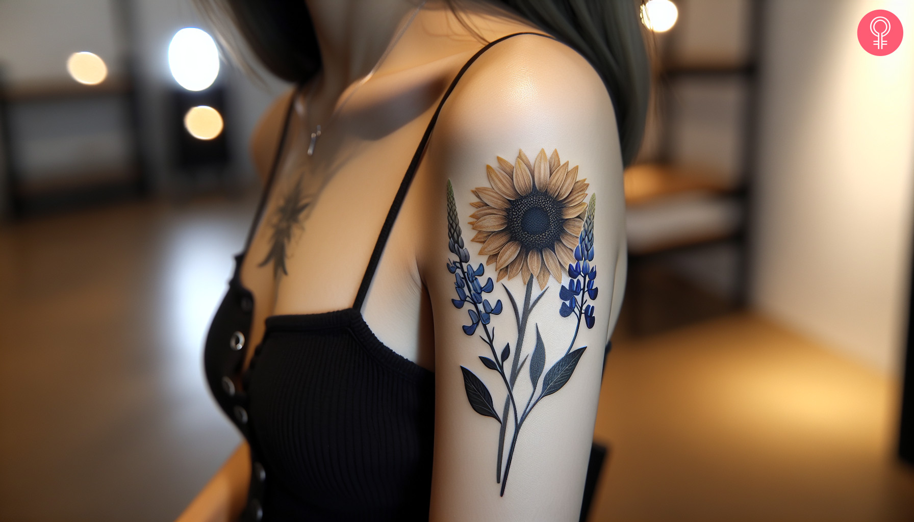 Sunflower and bluebonnet tattoo on the arm of a woman