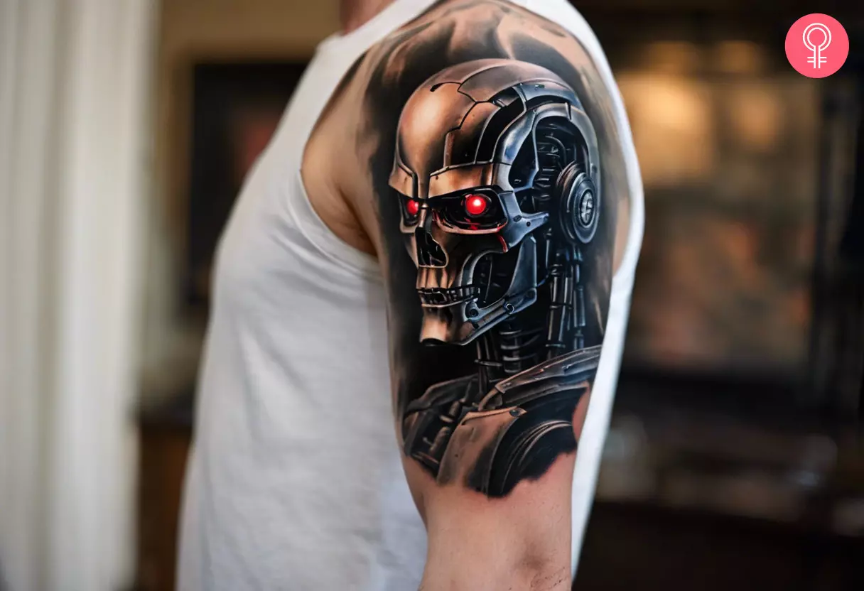 T-800 endoskeleton head Terminator tattoo on a man’s upper arm