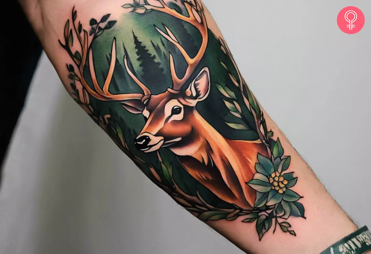 Tattoo of a deer in nature on a man’s arm