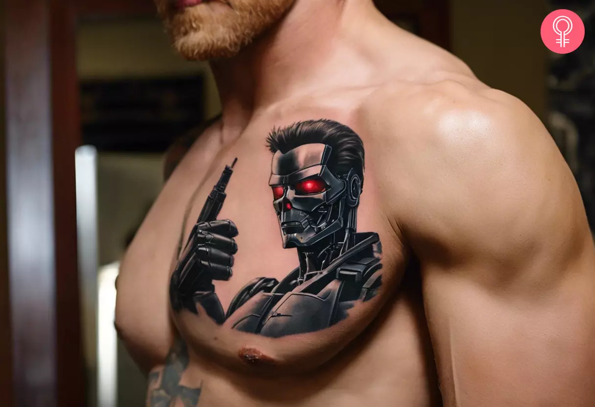 Terminator thumbs up tattoo on a man’s chest