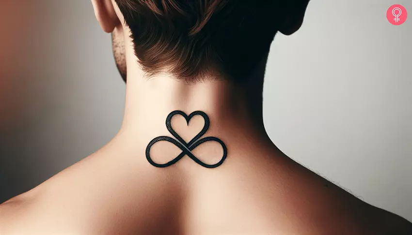 The eternal love tattoo with a heart at the back of the neck