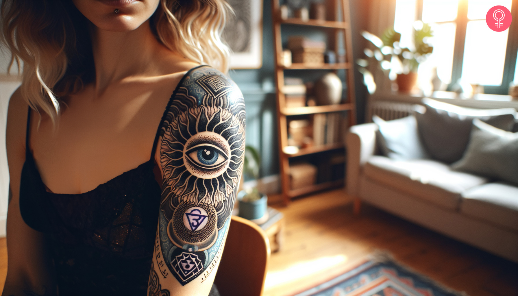 A woman with a third eye chakra tattoo on her upper arm