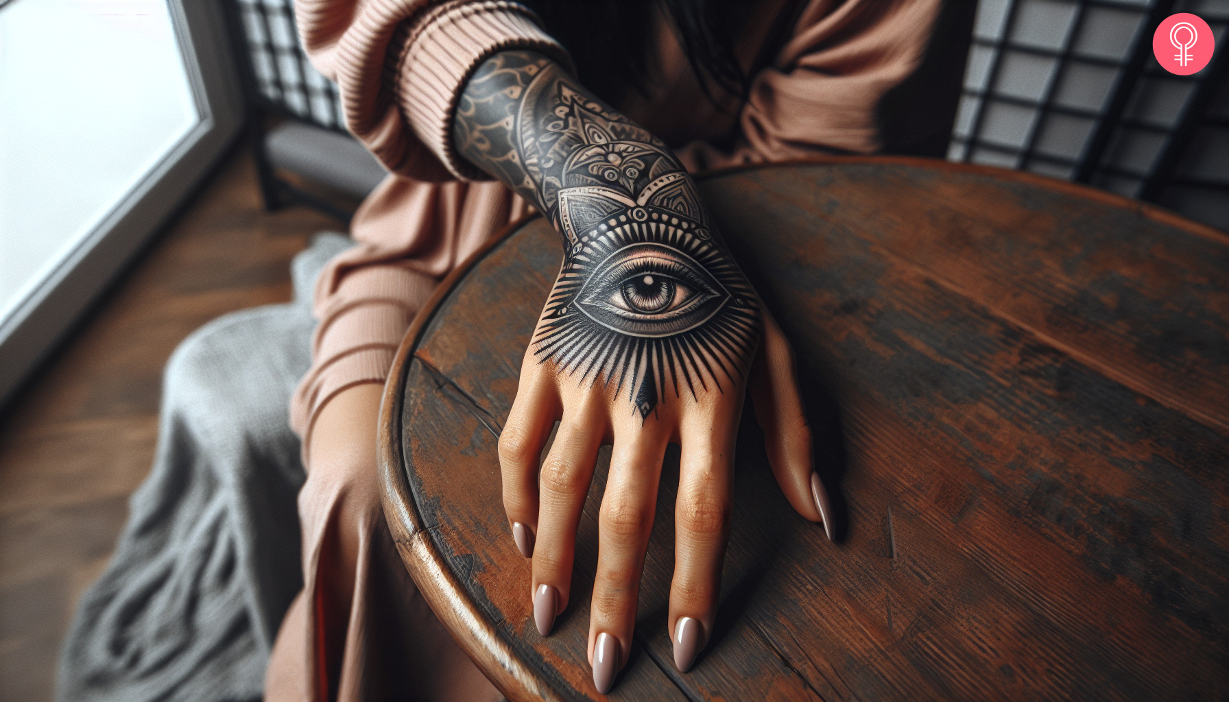 Close up of an elaborate third eye tattoo on the hand