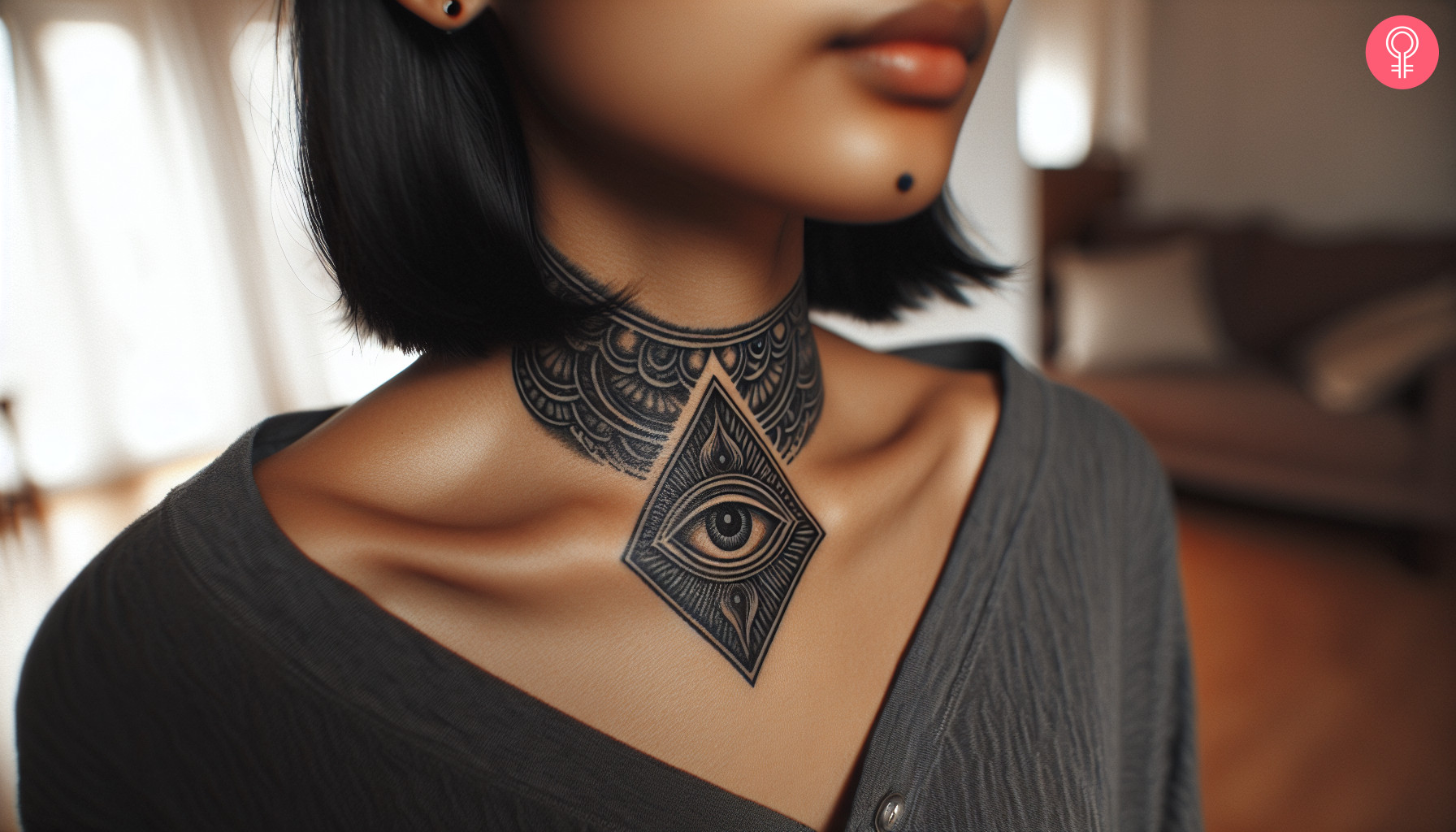 A woman with a third eye neck tattoo