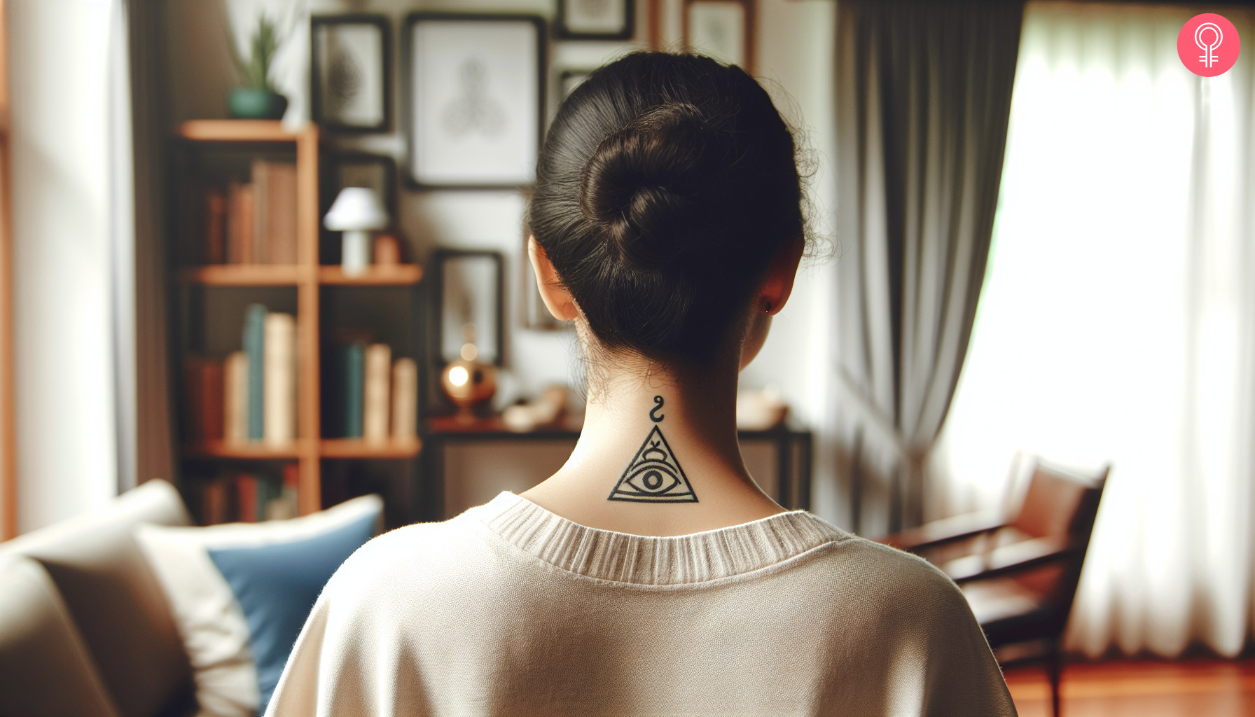 A woman with a wisdom third eye tattoo on the nape of her neck