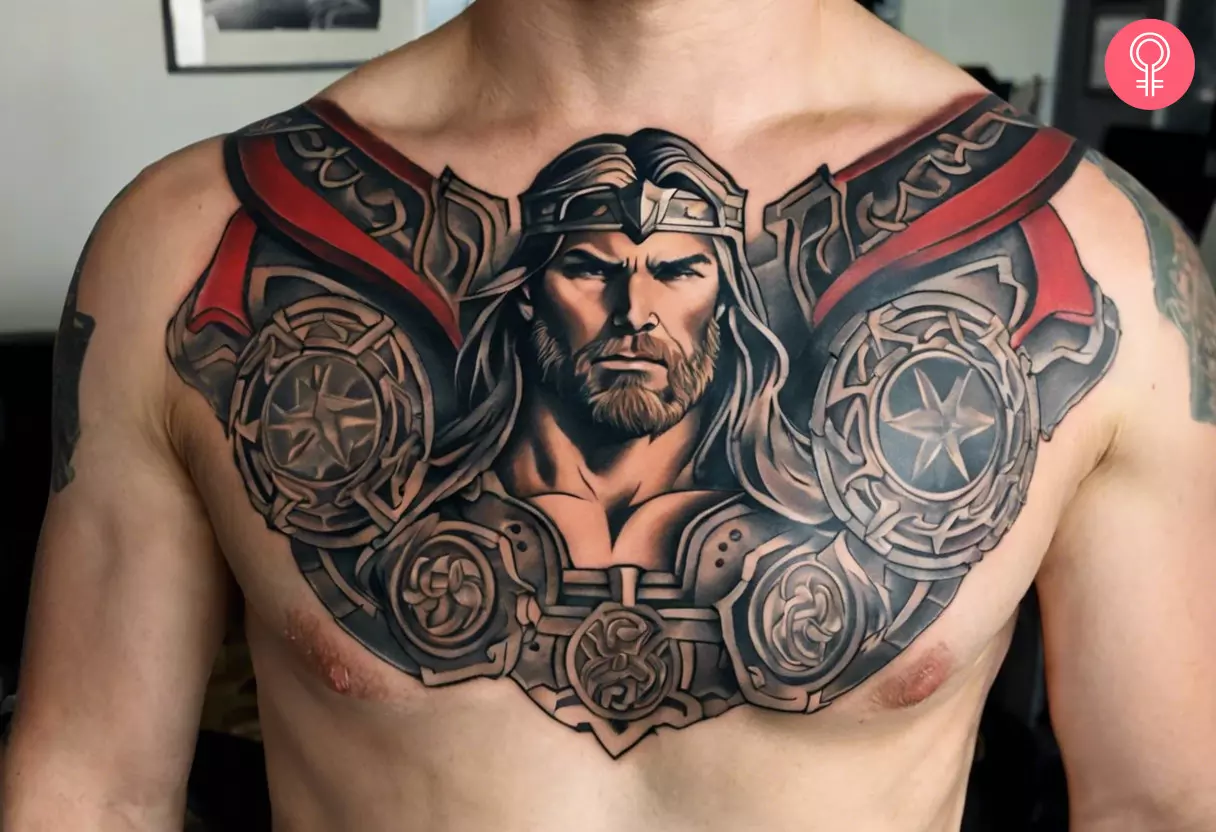A man wearing a Thor tattoo on his chest