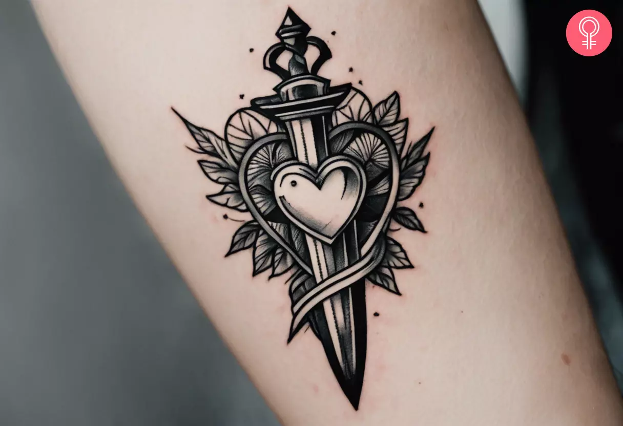 A woman with a heart and dagger black and white tattoo on her arm