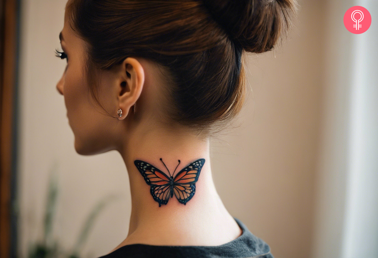 Traditional butterfly tattoo on the back of the neck