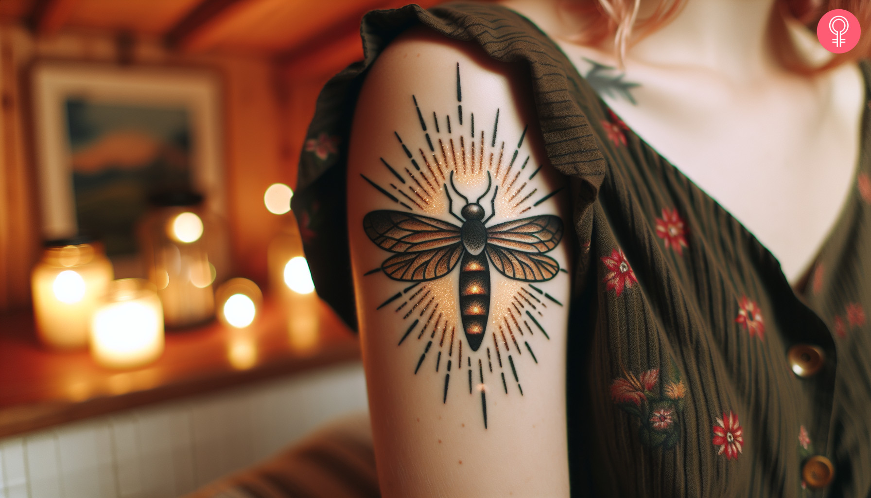 Woman with traditional firefly tattoo on her upper arm