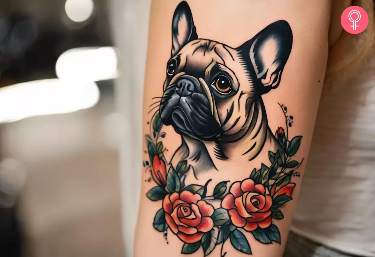 A traditional French bulldog tattoo on the upper arm