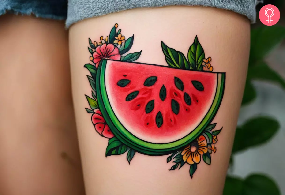 Traditional watermelon tattoo on the thigh