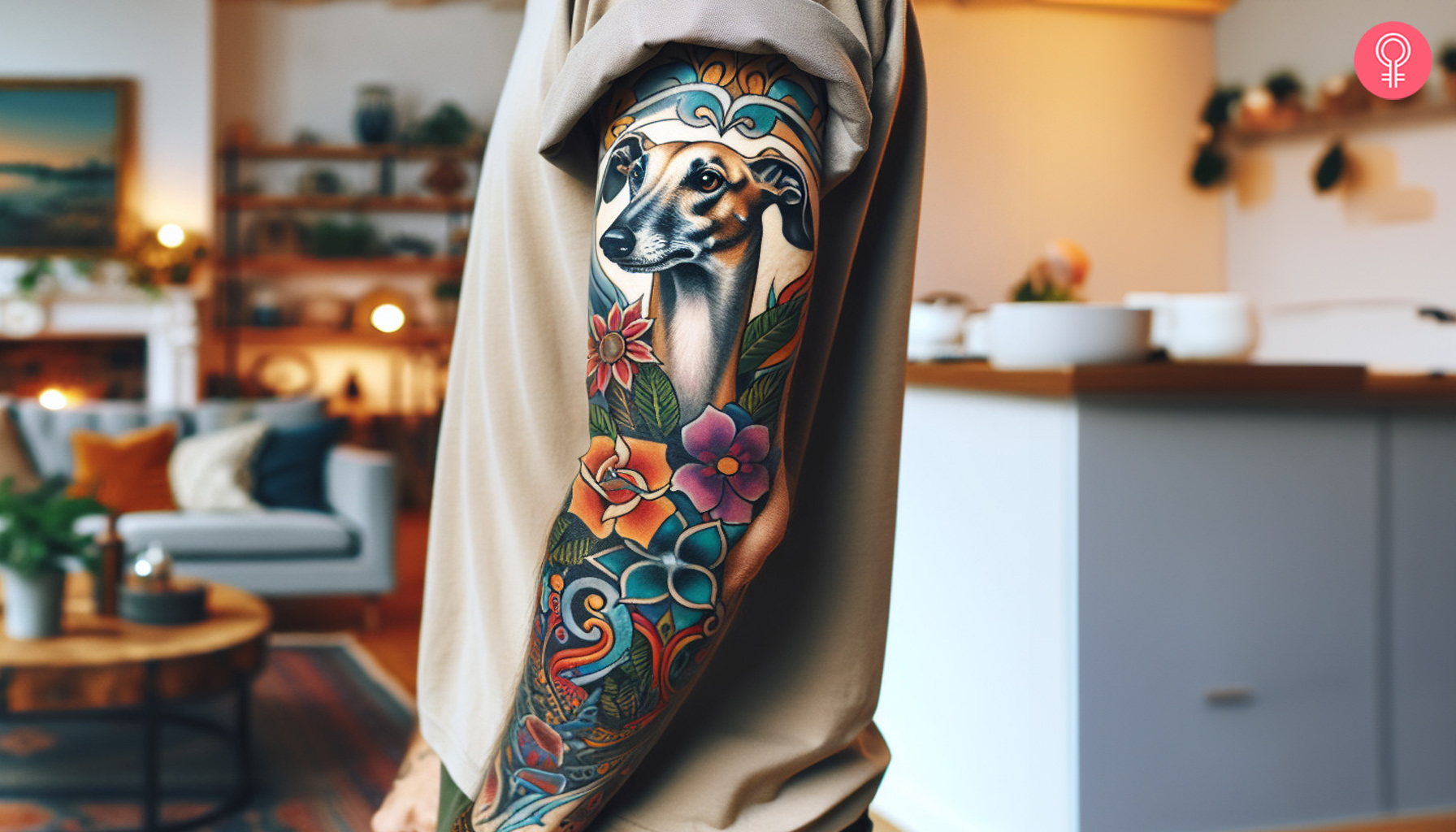 A traditional greyhound tattoo sleeve on the arm of a man