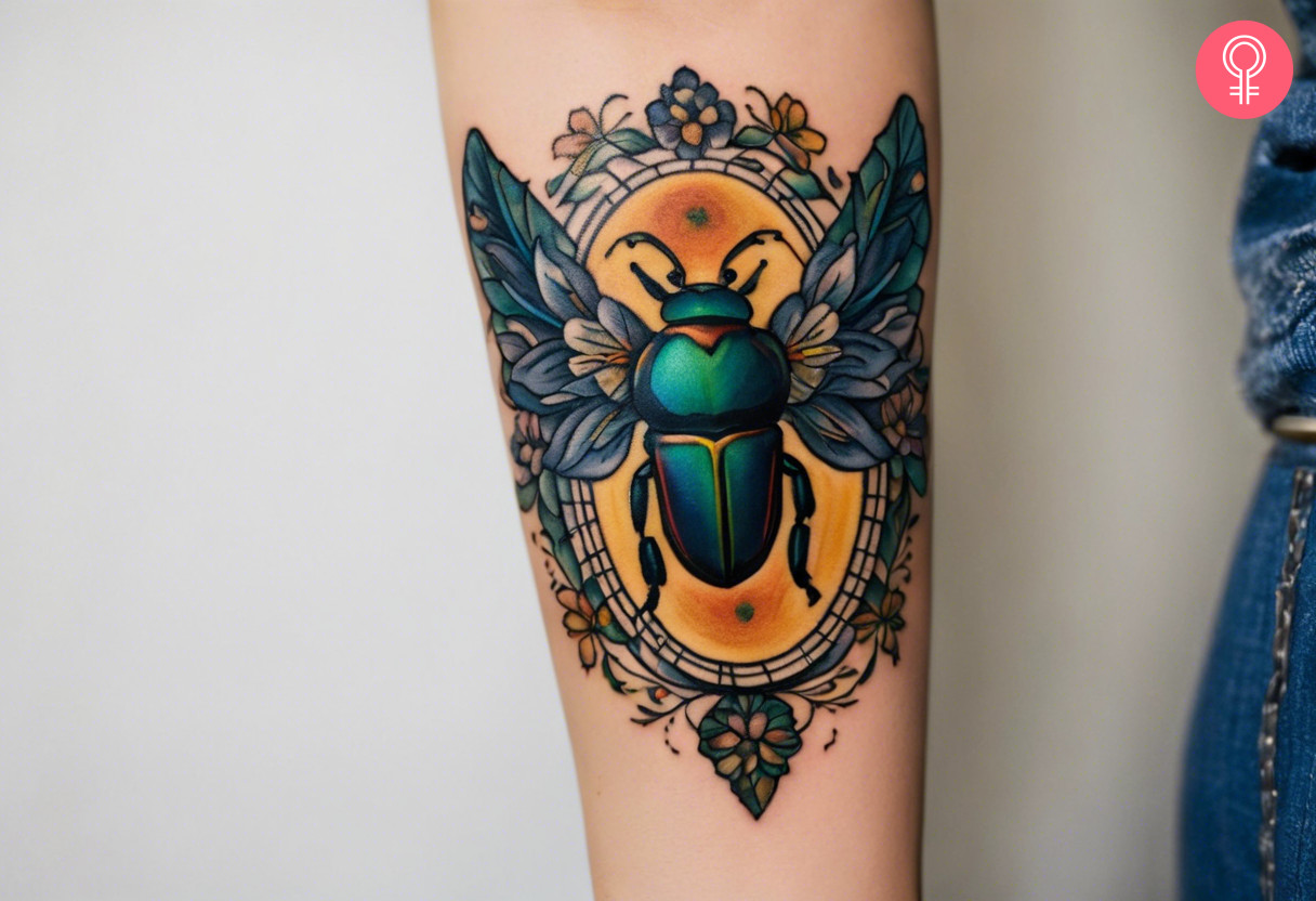 Traditional scarab beetle tattoo on the forearm