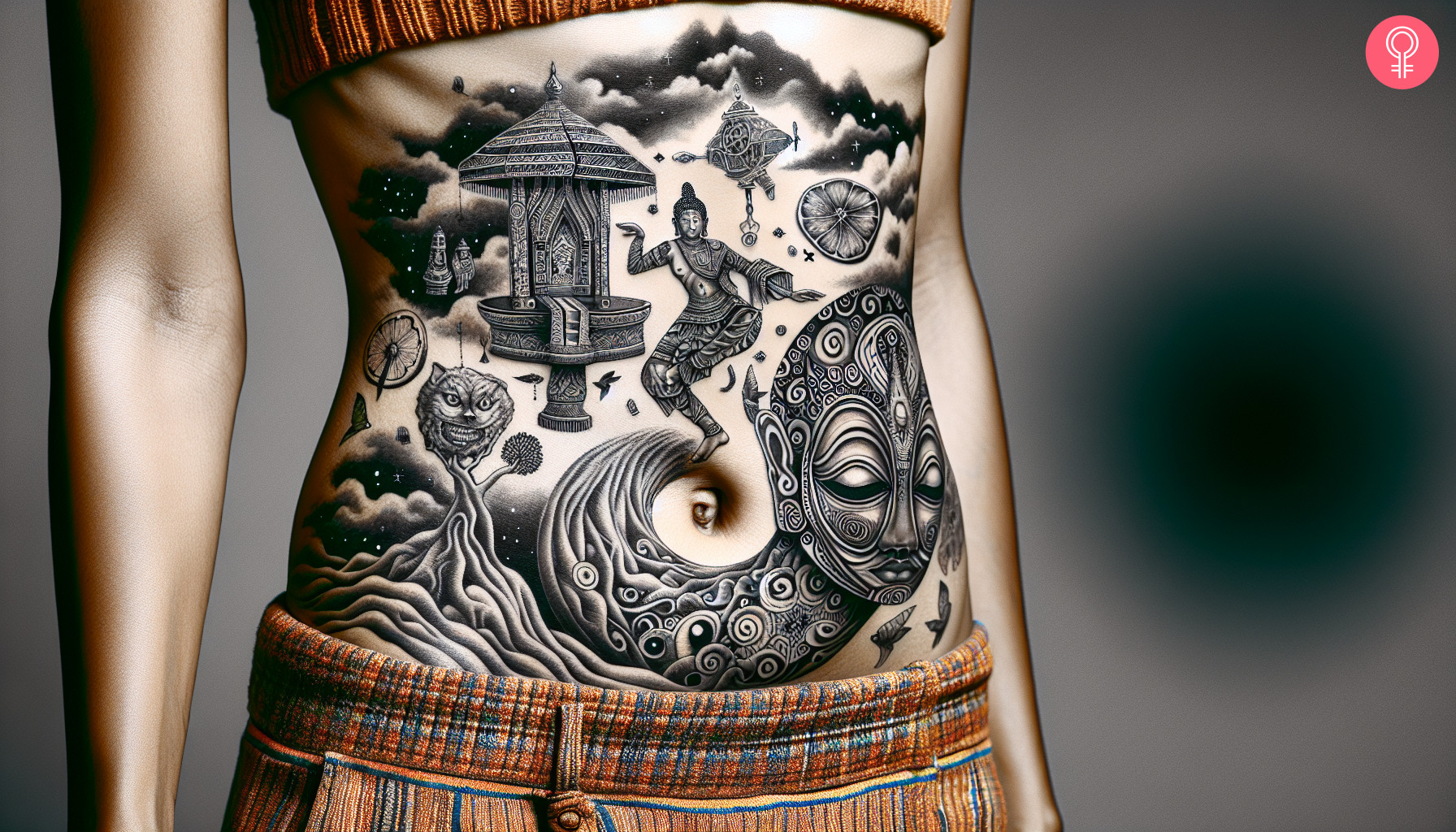 Woman with traditional surrealism tattoo on her stomach
