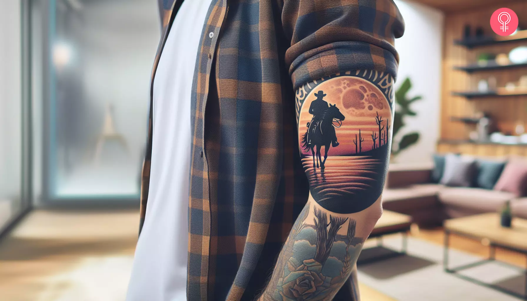 Traditional Western tattoo featuring a cowboy in the backdrop of sunset