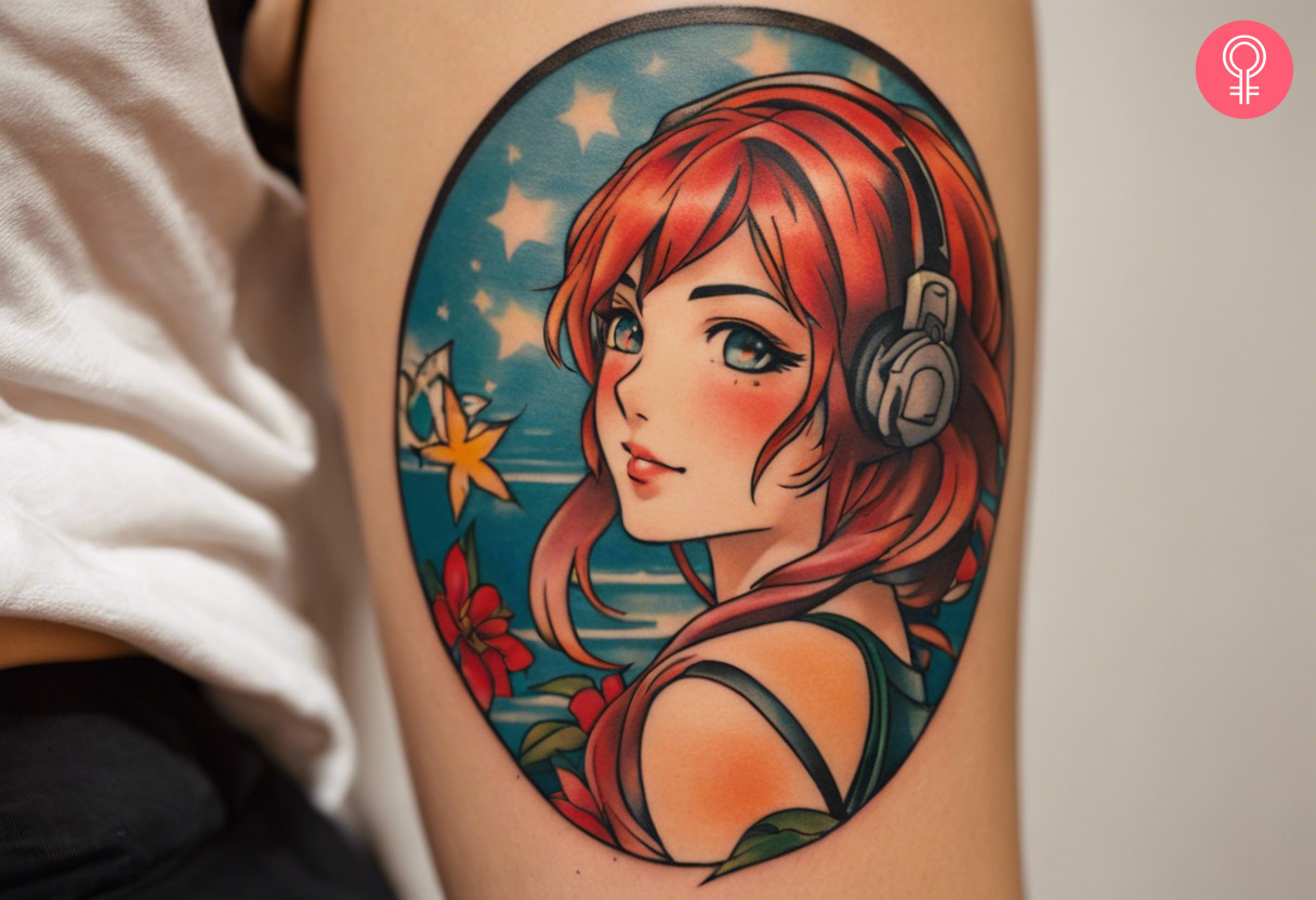Traditional anime tattoo on a woman’s arm