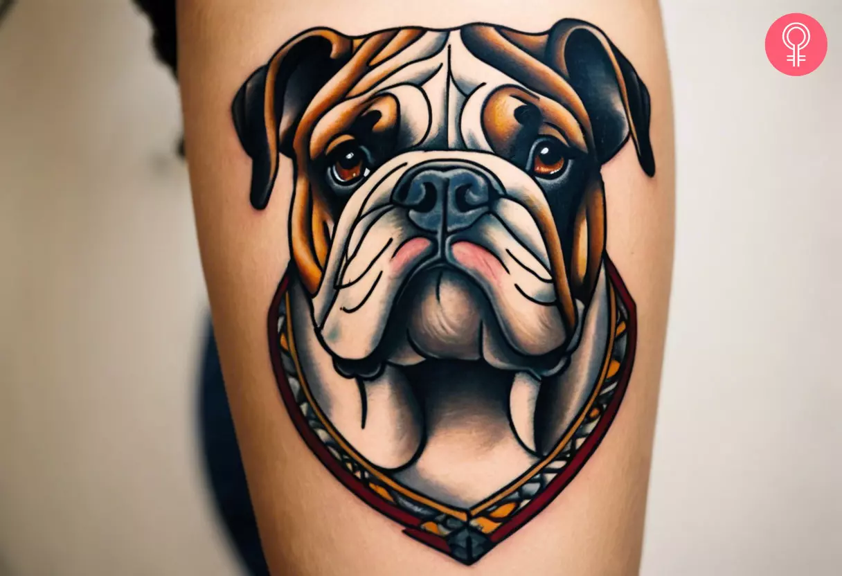 Traditional bulldog tattoo on the upper arm of a woman