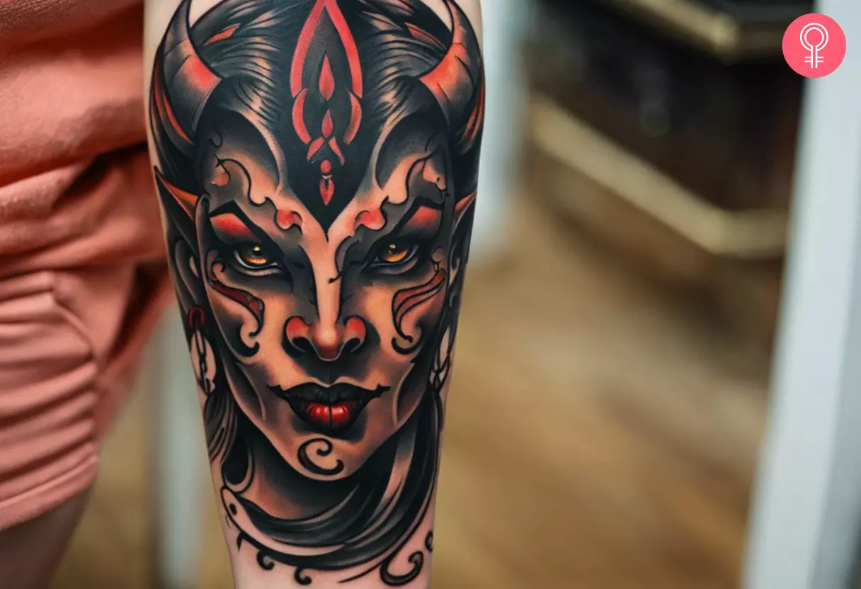 Traditional demon tattoo on the forearm