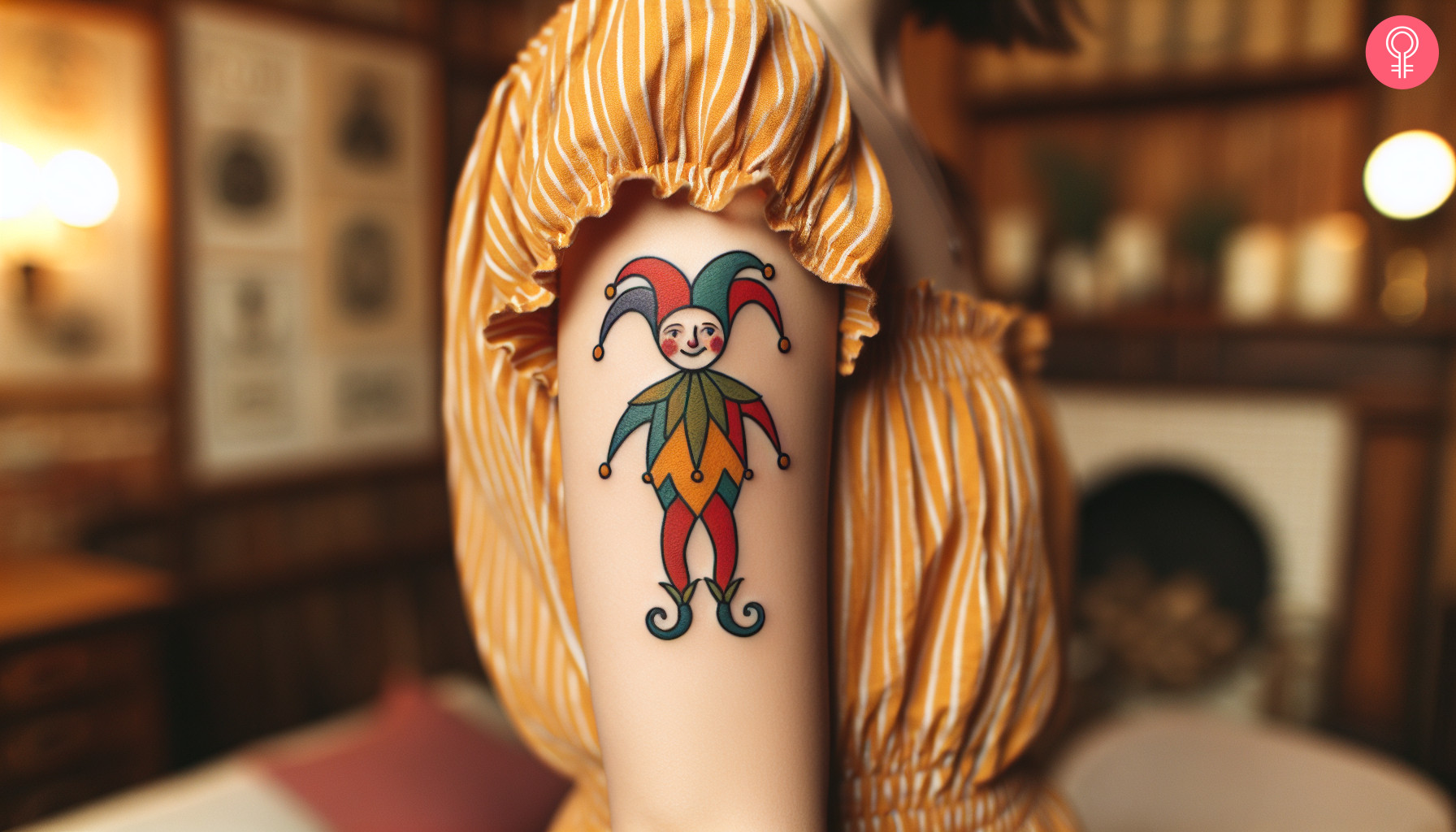 Traditional jester tattoo on the upper arm of a woman