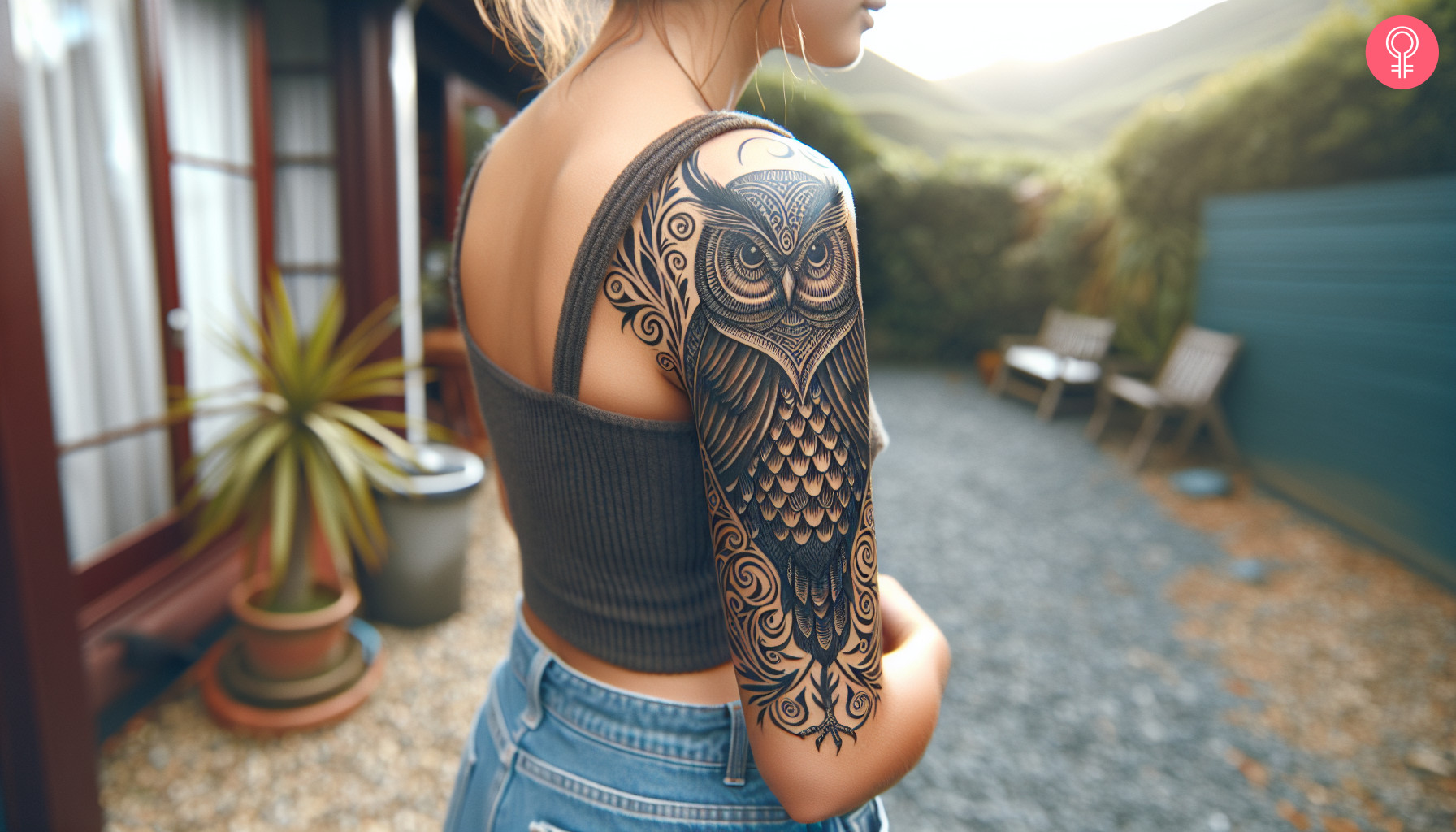 Traditional owl maori tattoo on the upper arm of a woman
