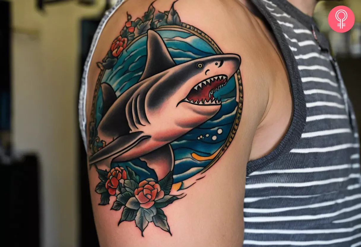 Traditional shark tattoo on the upper arm