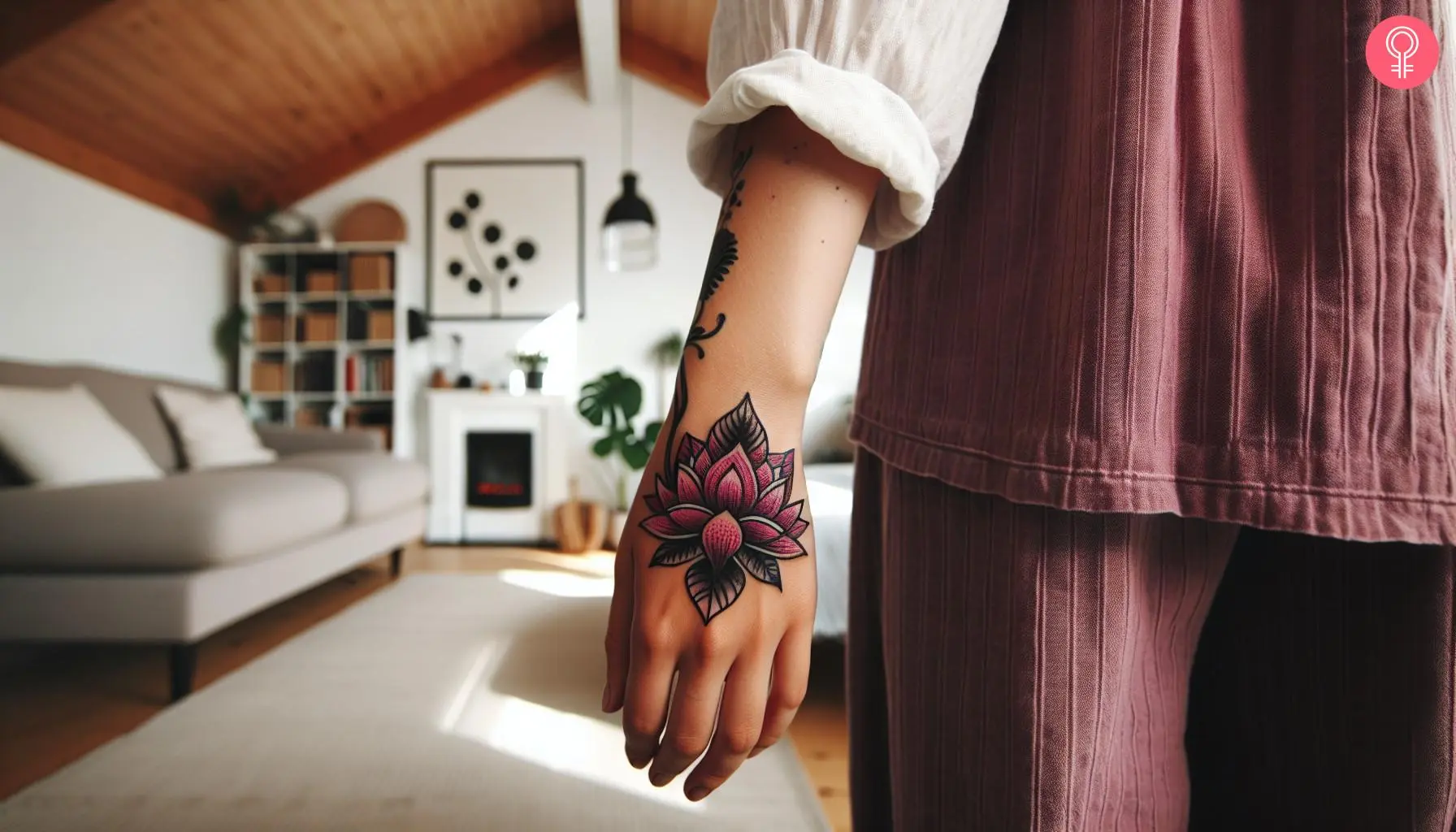 Traditional sobriety tattoo of a lotus on the back of the hand