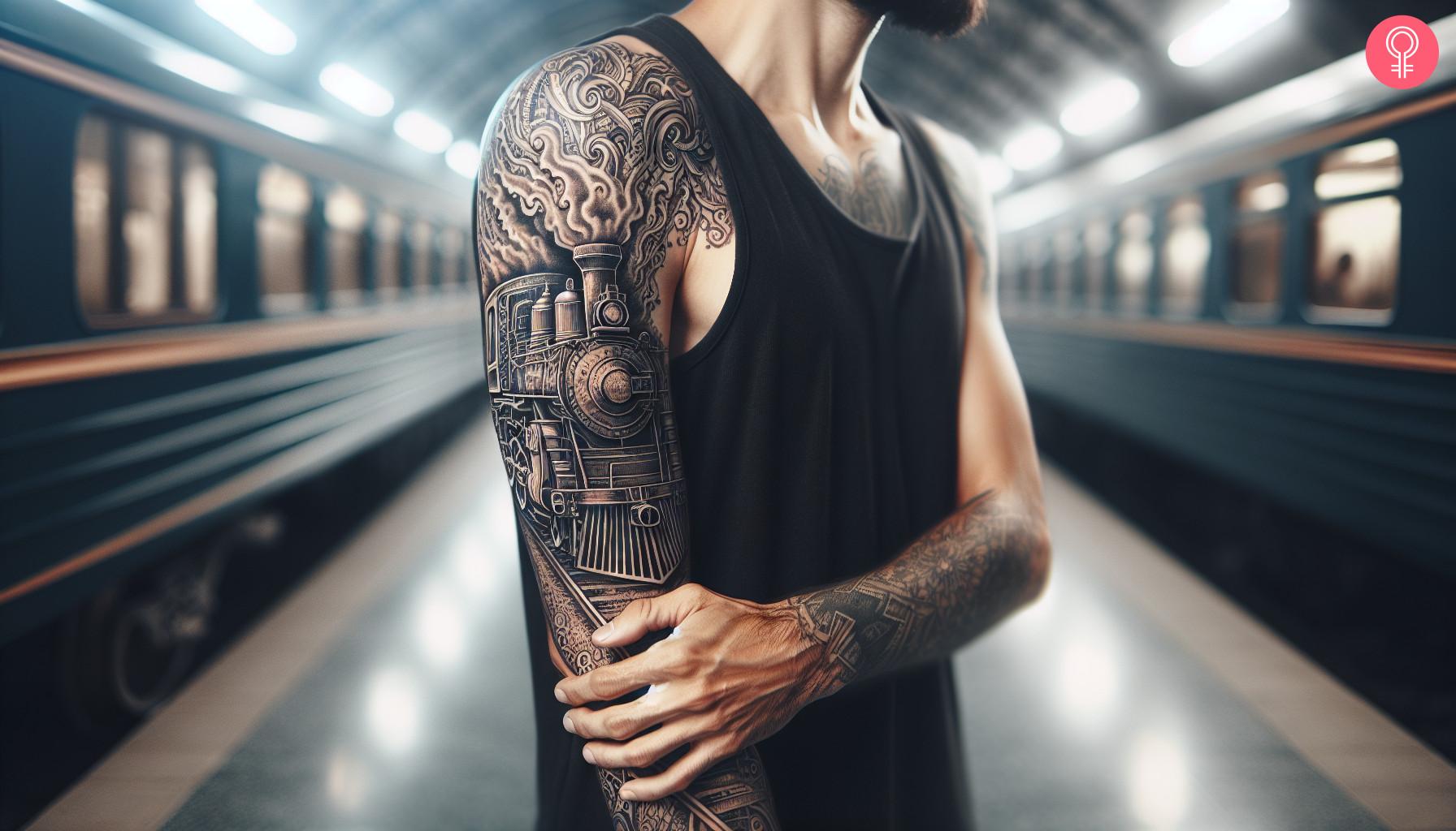 A traditional train tattoo sleeve on the upper arm