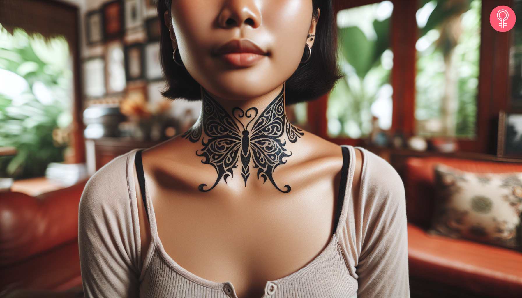 Tribal butterfly tattoo on the neck