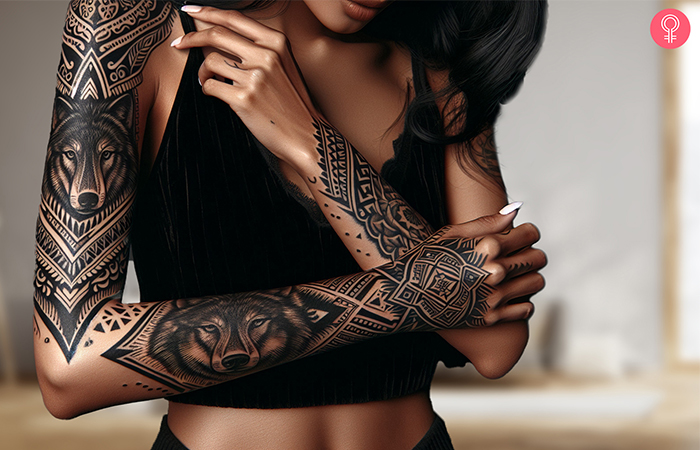 Eine Frau mit einem Tribal-Wolf-Tattoo auf dem Arm