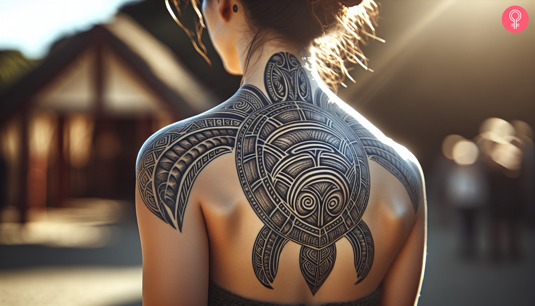 Turtle shell maori tattoo on the shoulder of a woman