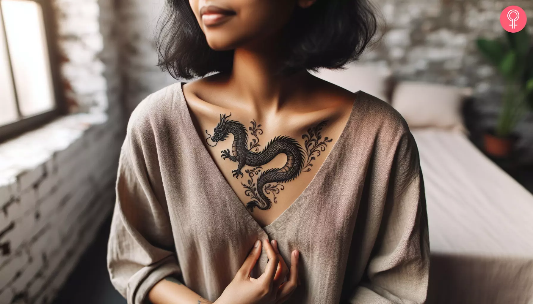 Two-legged dragon tattoo on the middle of the chest of a woman