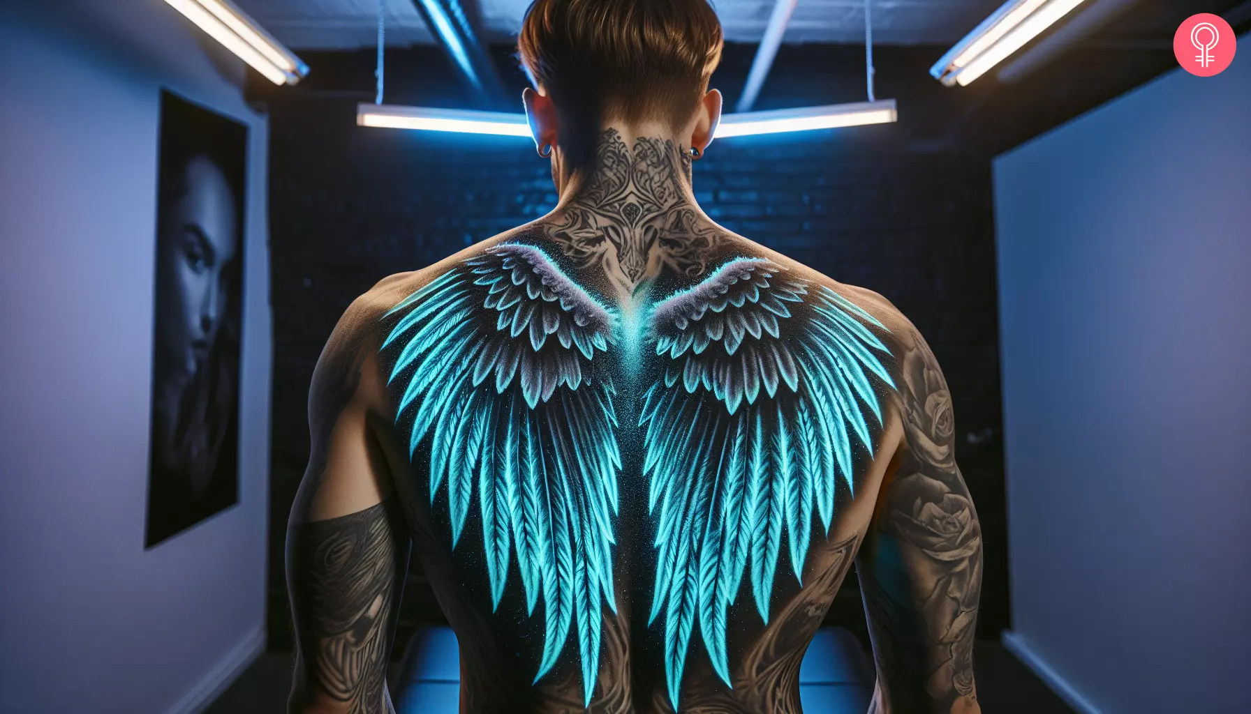 A UV angel wings tattoo on the back of a man