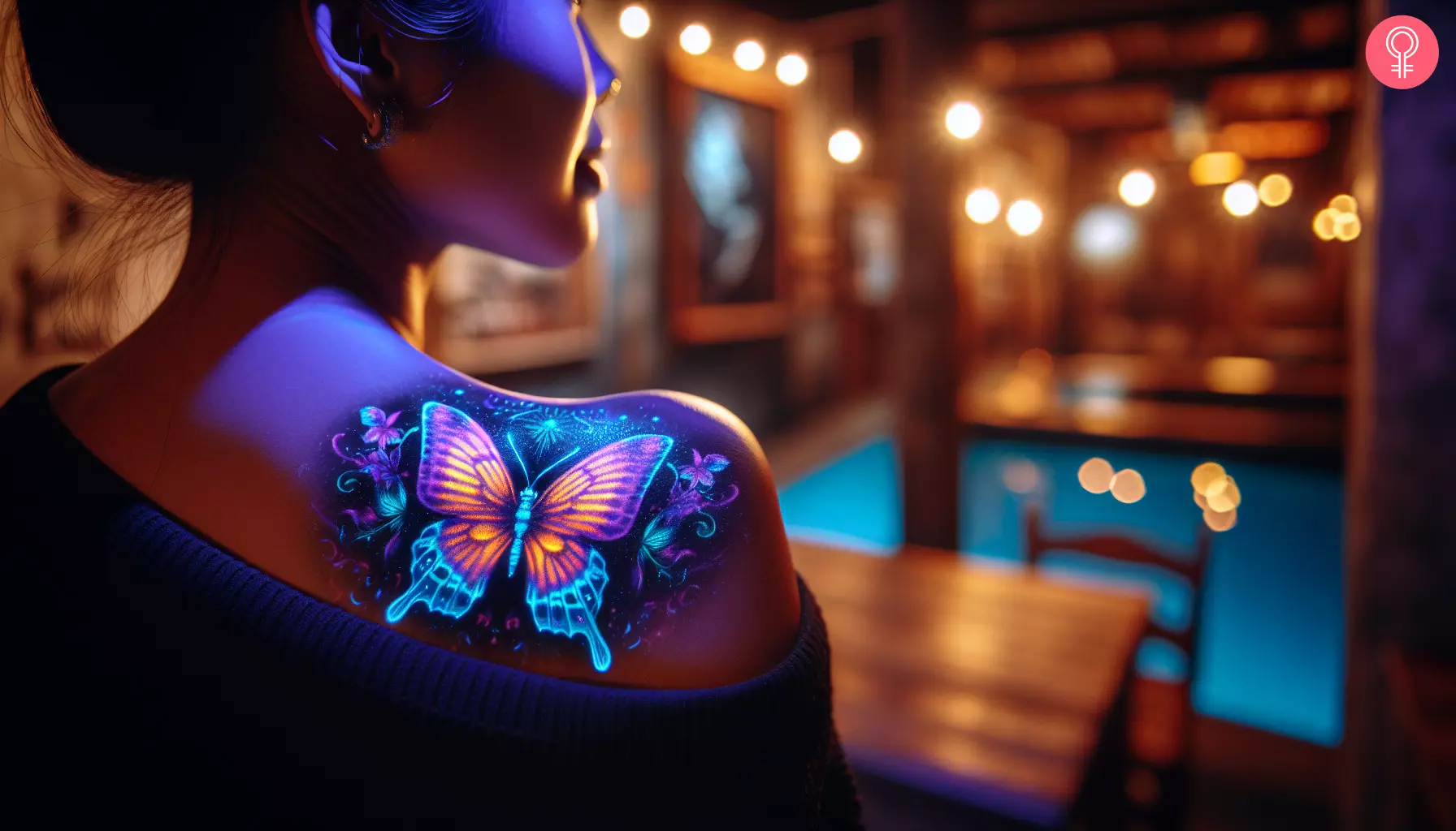 A UV butterfly tattoo on the back of a woman