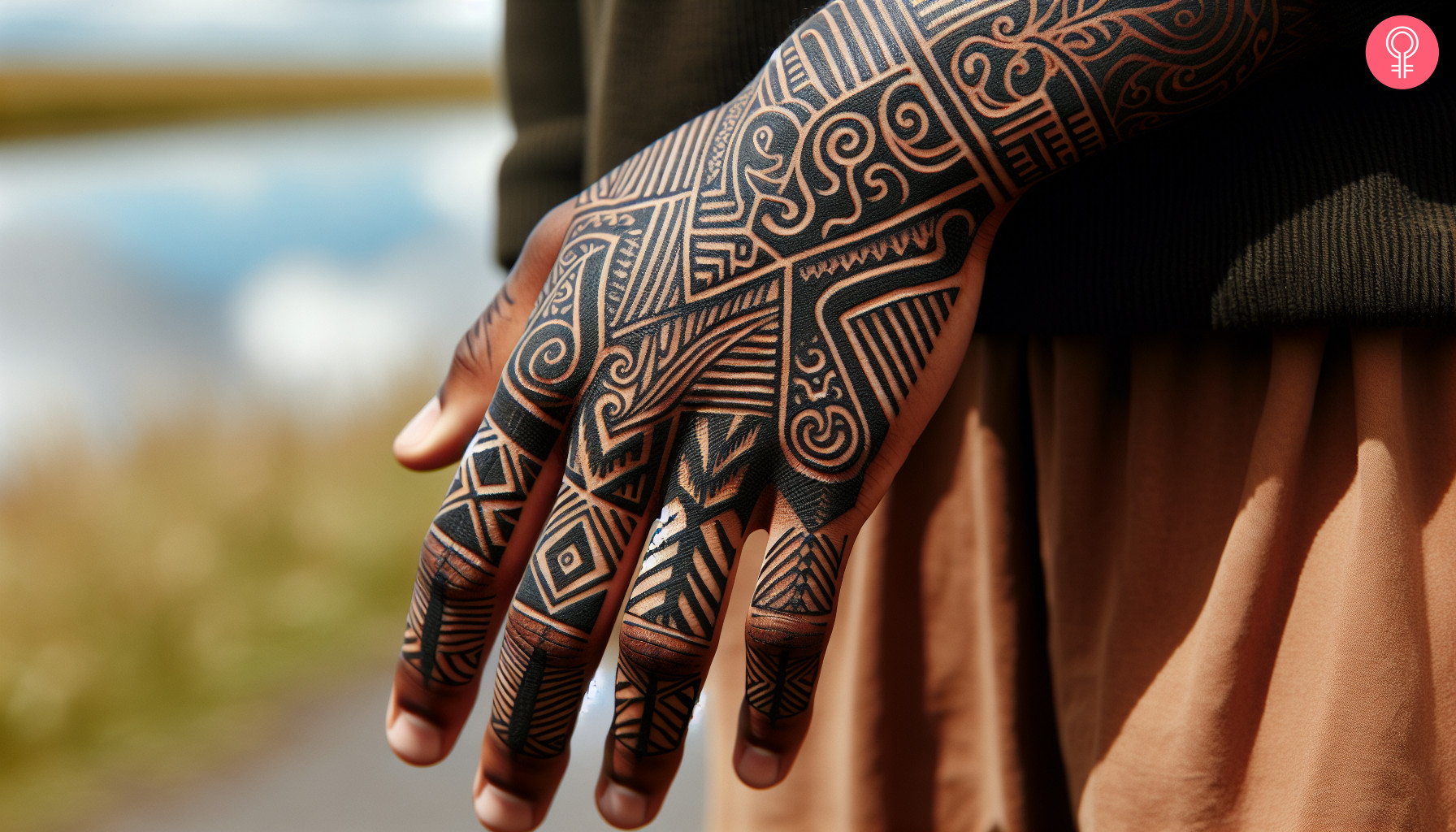 Vein maori tattoo on the hand of a woman