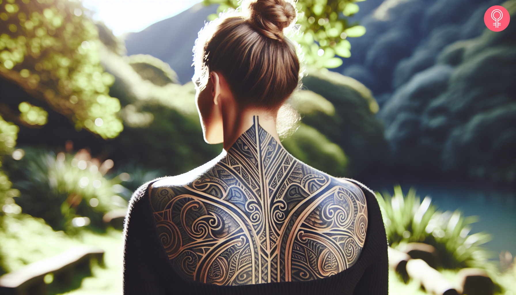 Warrior maori tattoo design on the upper back of a woman