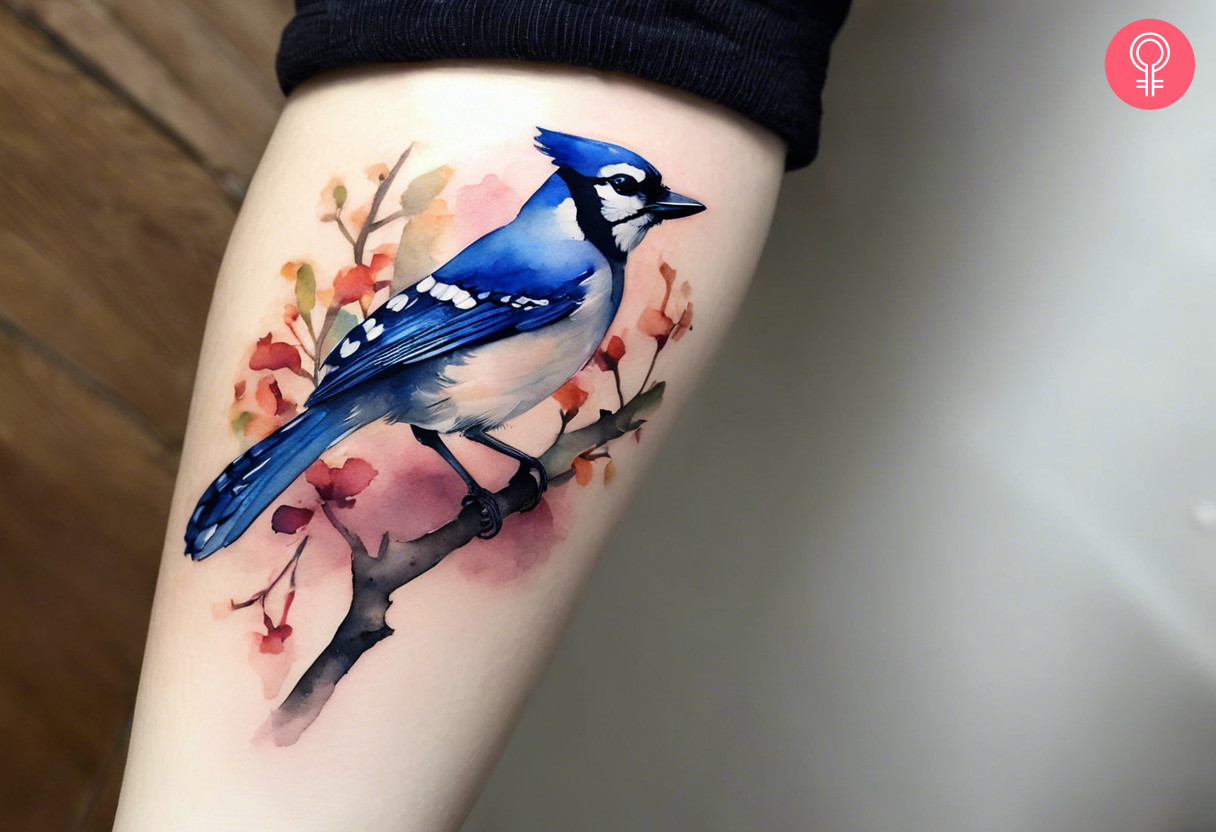 A close up of a watercolor blue jay tattoo on a woman’s forearm