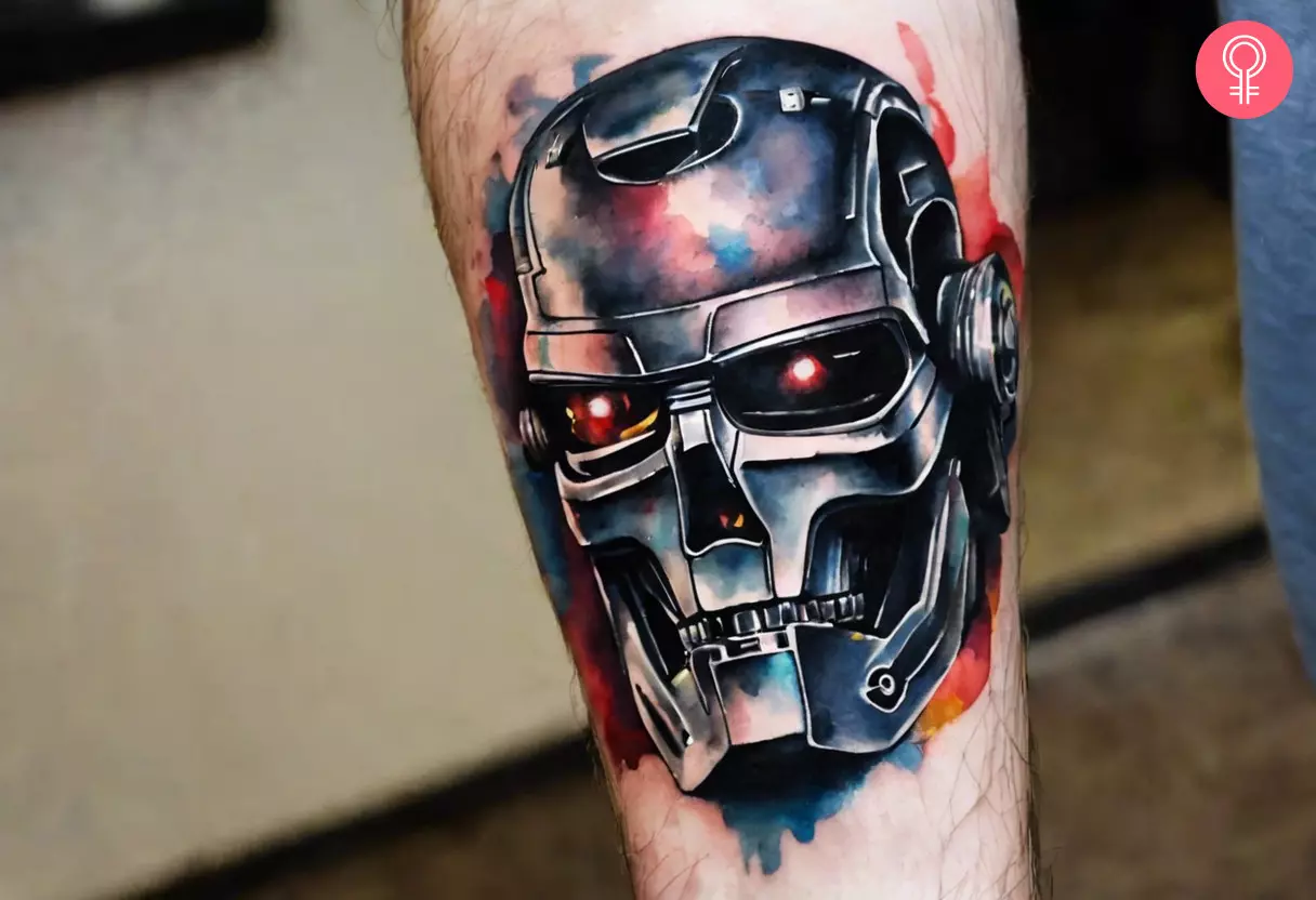 Watercolor Terminator tattoo on a man’s arm