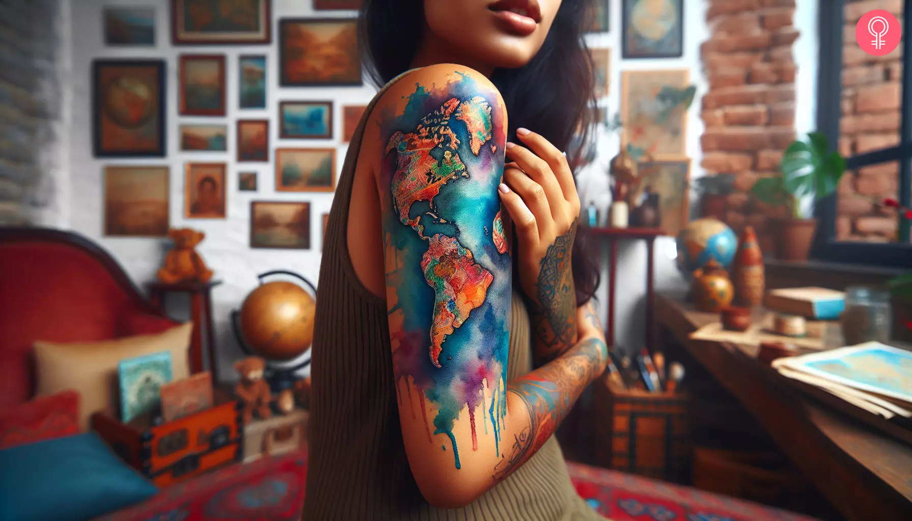 Watercolor world map tattoo on a woman’s upper arm