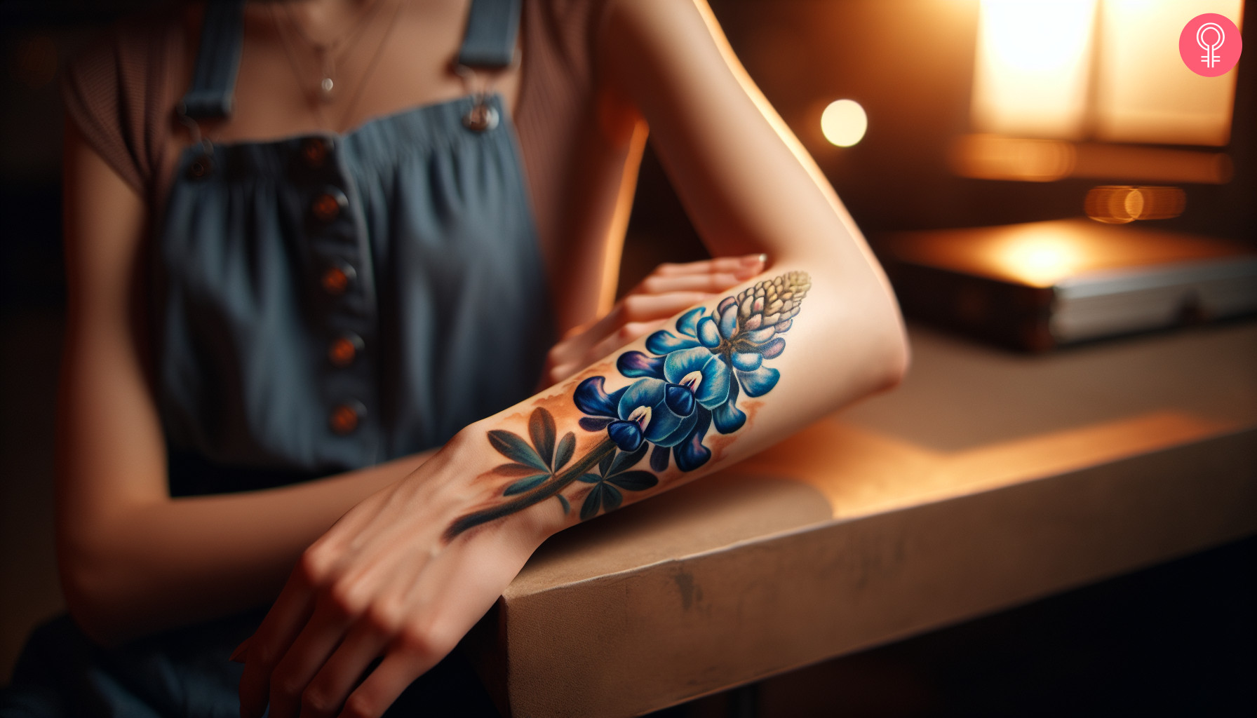 Watercolor bluebonnet tattoo on the forearm of a woman