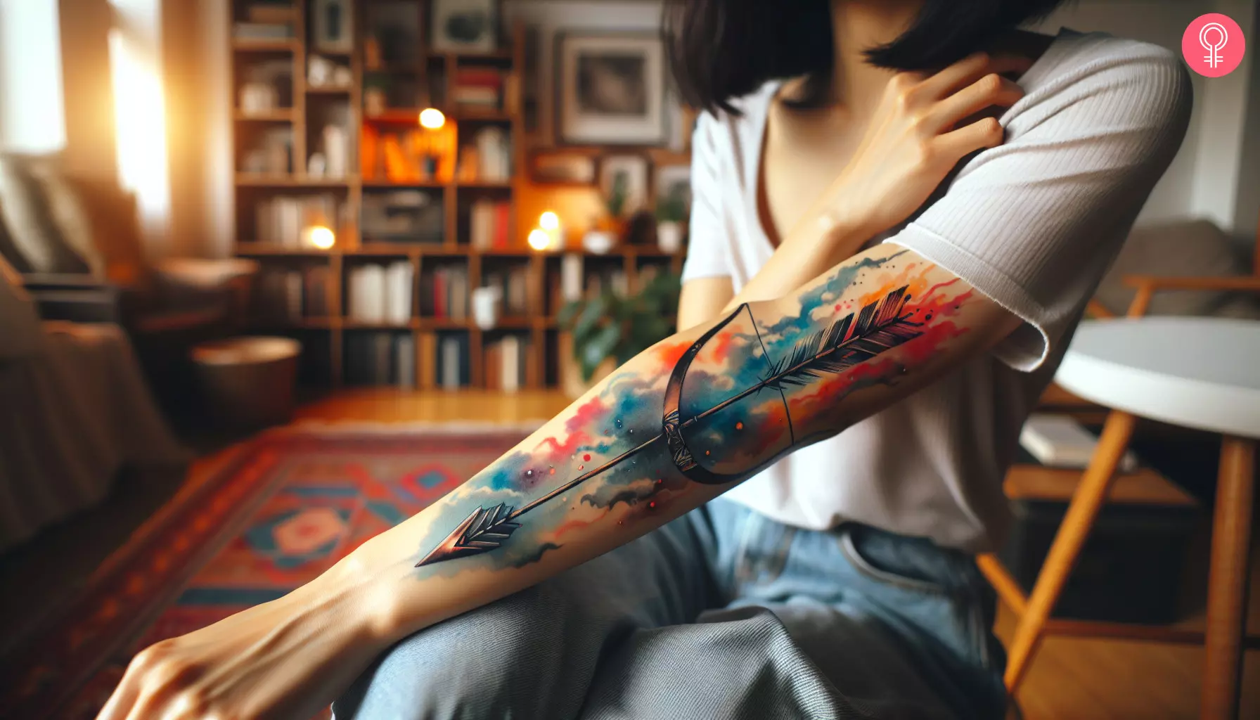 Watercolor bow and arrow Sagittarius tattoo on the forearm of a woman