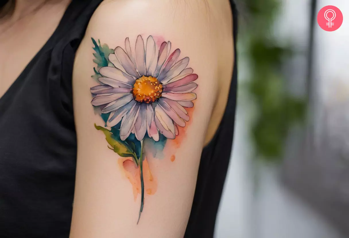 Watercolor daisy flower tattoo on the upper arm