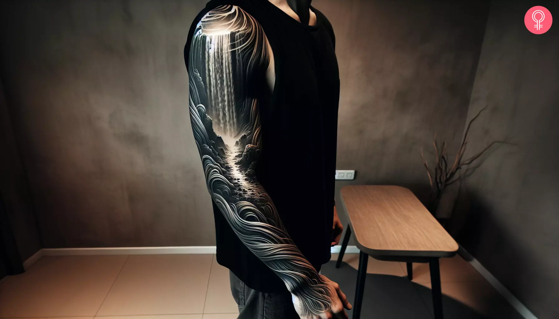 A waterfall tattoo on the arm sleeve of a man
