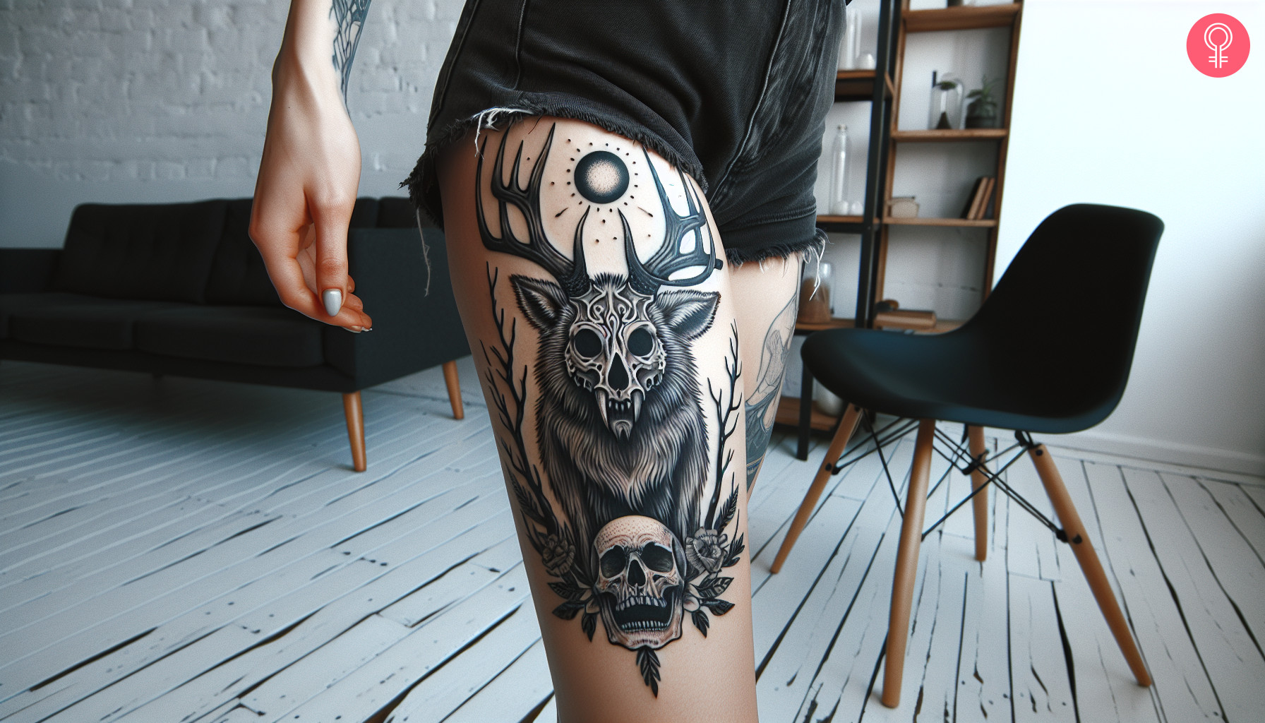 A wendigo skull tattoo on the thigh