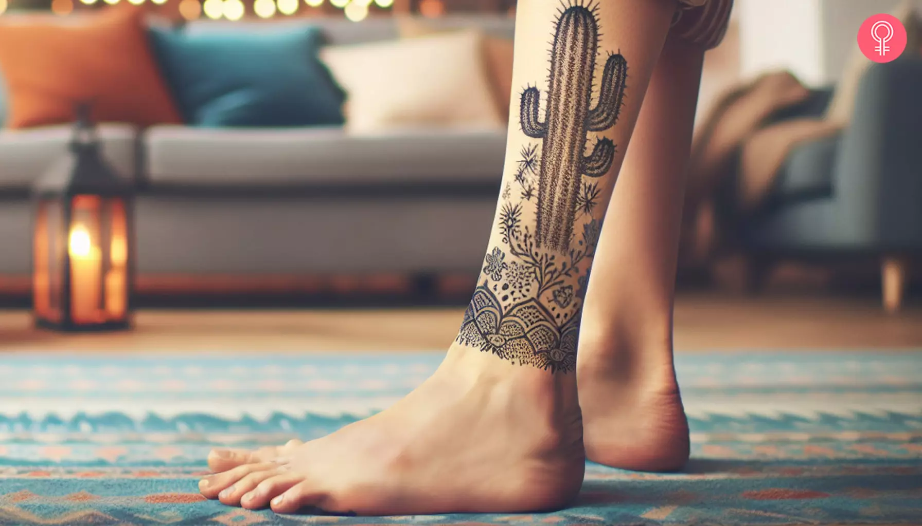 Western calf tattoo for women featuring a cactus