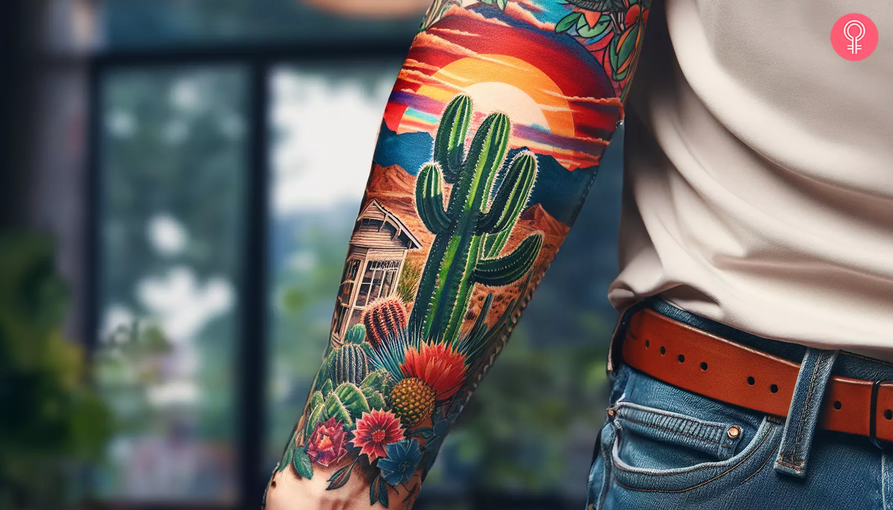 Western forearm tattoo featuring cactus with a backdrop of sunset