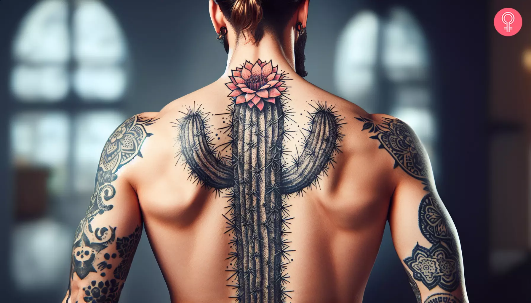 Western spine tattoo featuring a flowering cactus