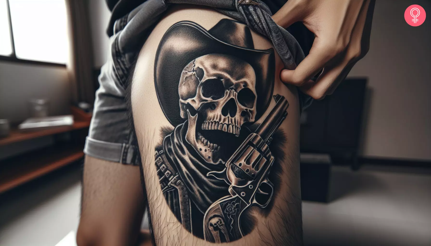 Western thigh tattoo featuring a skull and a gun