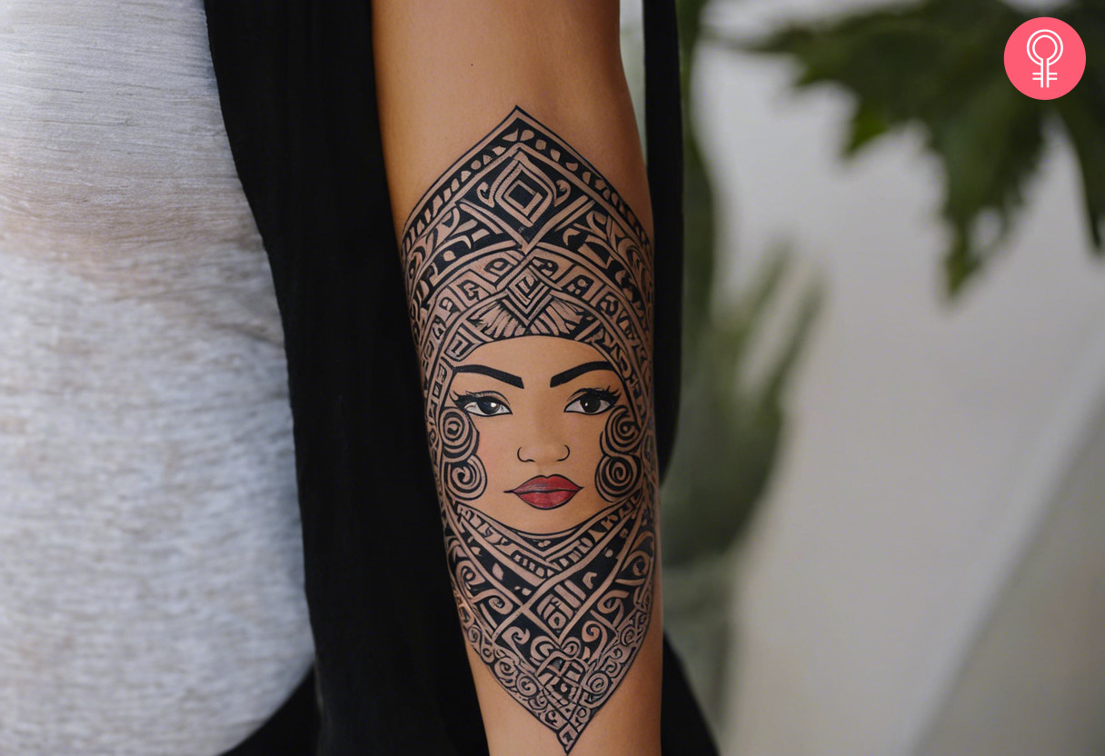 Whakapapa maori tattoo on the forearm of a woman