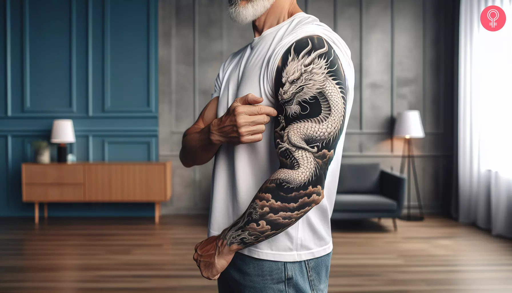 White Asian dragon sleeve tattoo on a black background